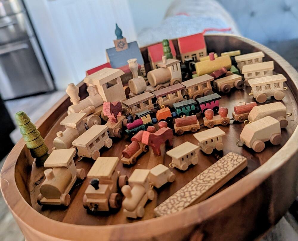 German Democratic Republic Erzgebirge Enesco Hand Carved Mini Wood Trains Houses